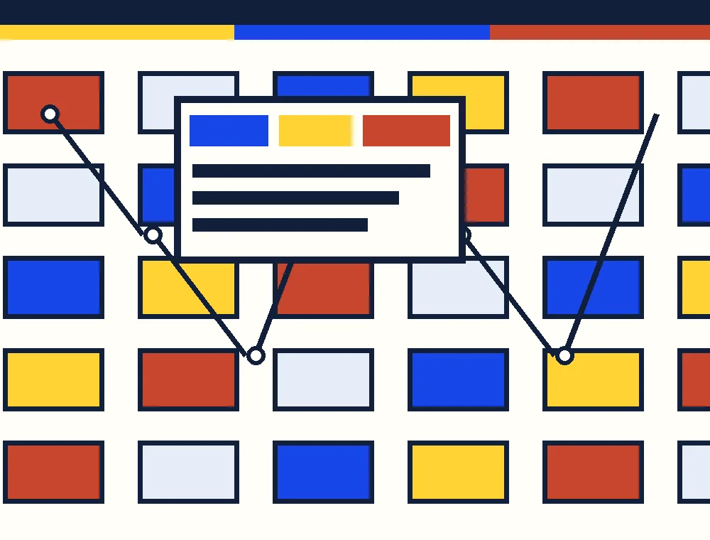 Abstract workshop board of connected coloured system blocks